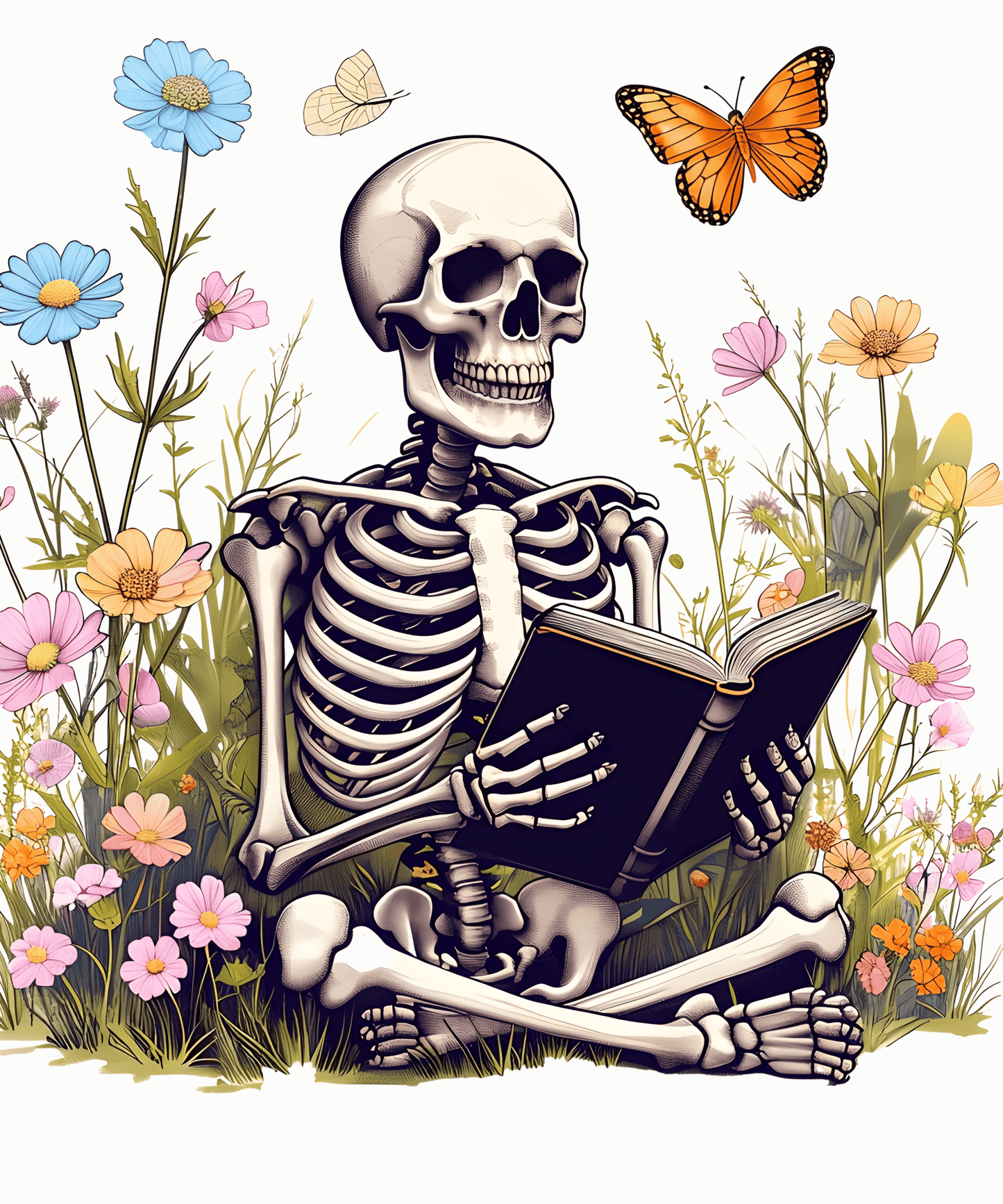 Skeleton Reading T-Shirts, Floral T-Shirts Design, Butterfly T-Shirts, Funny T-Shirts, PNG Download, Digital File For Shirts, DIY Apparel - Daisy Designs & Creations, LLC