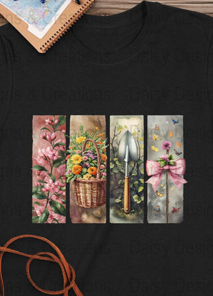Floral Garden T-Shirts Design, Flower Basket T Shirt, Shovel Art TShirt, Butterfly Bow Tee, Gardening Apparel, PNG Digital Download - Daisy Designs & Creations, LLC