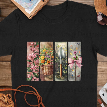 Floral Garden T-Shirts Design, Flower Basket T Shirt, Shovel Art TShirt, Butterfly Bow Tee, Gardening Apparel, PNG Digital Download - Daisy Designs & Creations, LLC