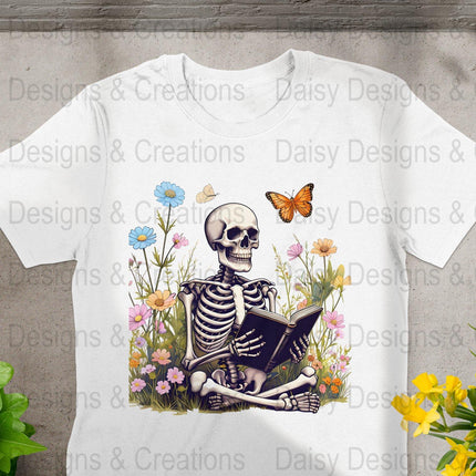 Skeleton Reading T-Shirts, Floral T-Shirts Design, Butterfly T-Shirts, Funny T-Shirts, PNG Download, Digital File For Shirts, DIY Apparel - Daisy Designs & Creations, LLC