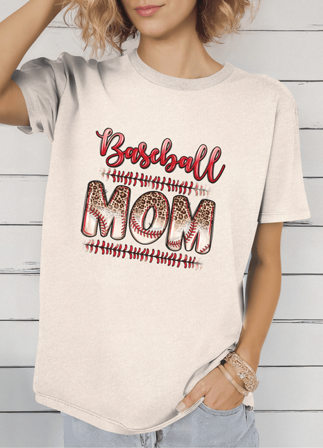 Baseball Mom T-Shirt | Leopard Baseball Stitching | Game Day Shirt | Sports Mom Tee | Soft Cotton Tee - Daisy Designs & Creations, LLC