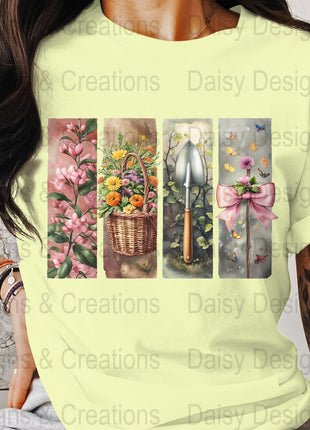 Floral Garden T-Shirts Design, Flower Basket T Shirt, Shovel Art TShirt, Butterfly Bow Tee, Gardening Apparel, PNG Digital Download - Daisy Designs & Creations, LLC