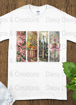 Floral Garden T-Shirts Design, Flower Basket T Shirt, Shovel Art TShirt, Butterfly Bow Tee, Gardening Apparel, PNG Digital Download - Daisy Designs & Creations, LLC