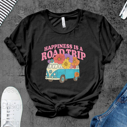 Road Trip T-Shirts, Happiness is a Road Trip Design, VW Bus, Floral Van, Colorful T-Shirts, Summer Trip, Vacation Mode - Daisy Designs & Creations, LLC