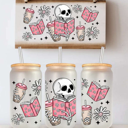 16 oz Beverage Glass with Skellie Books & Retro Daisy Design - Daisy Designs & Creations, LLC