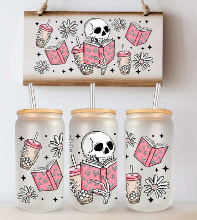 16 oz Beverage Glass with Skellie Books & Retro Daisy Design - Daisy Designs & Creations, LLC