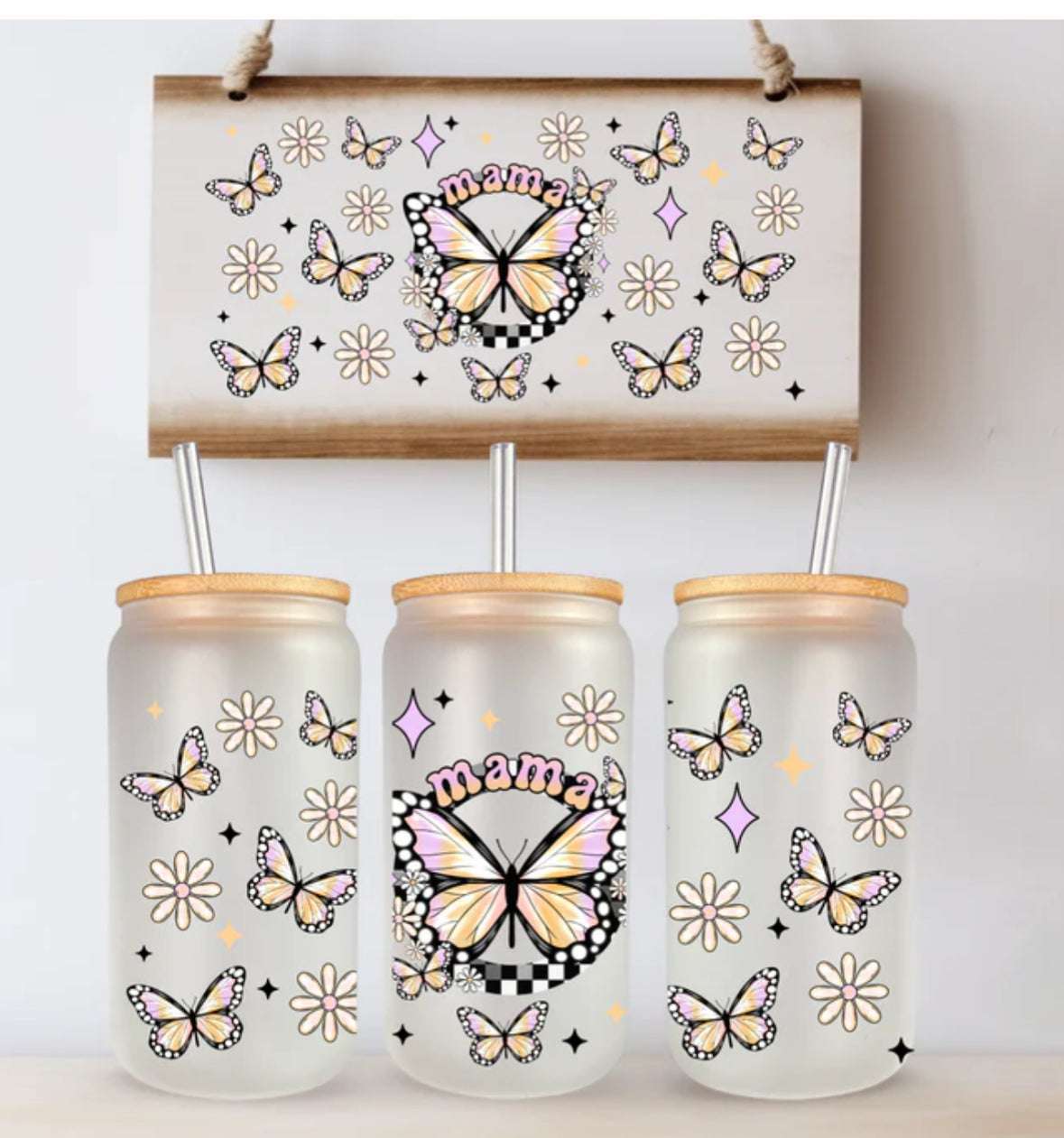 16 oz Can Beverage Glass with Butterfly & Daisies | "Mama" Design New Arrivals Beer Glass 16 Daisy Designs & Creations LLC