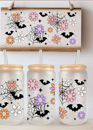 16 oz Can Glass with Bat & Spider Web Design | Daisy Florals - Daisy Designs & Creations, LLC