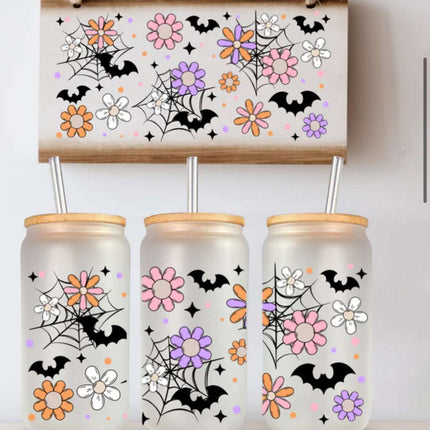 16 oz Can Glass with Bat & Spider Web Design | Daisy Florals - Daisy Designs & Creations, LLC