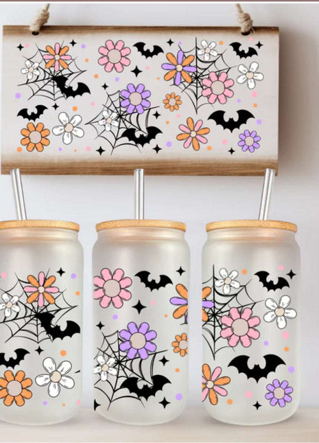 16 oz Can Glass with Bat & Spider Web Design | Daisy Florals - Daisy Designs & Creations, LLC