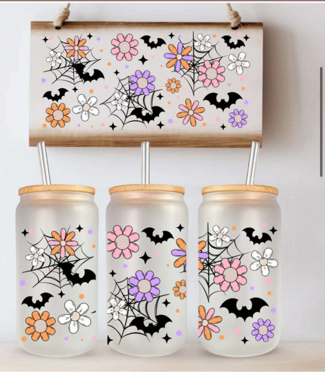 16 oz Can Glass with Bat & Spider Web Design | Daisy Florals - Daisy Designs & Creations, LLC