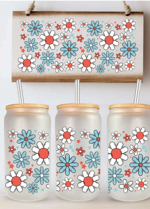 16 oz Can Glass – Red, White & Blue Daisy Flowers - Daisy Designs & Creations, LLC