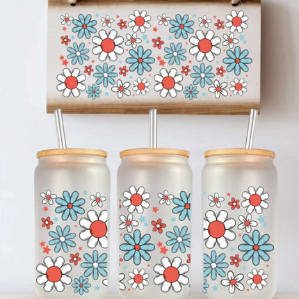 16 oz Can Glass – Red, White & Blue Daisy Flowers - Daisy Designs & Creations, LLC