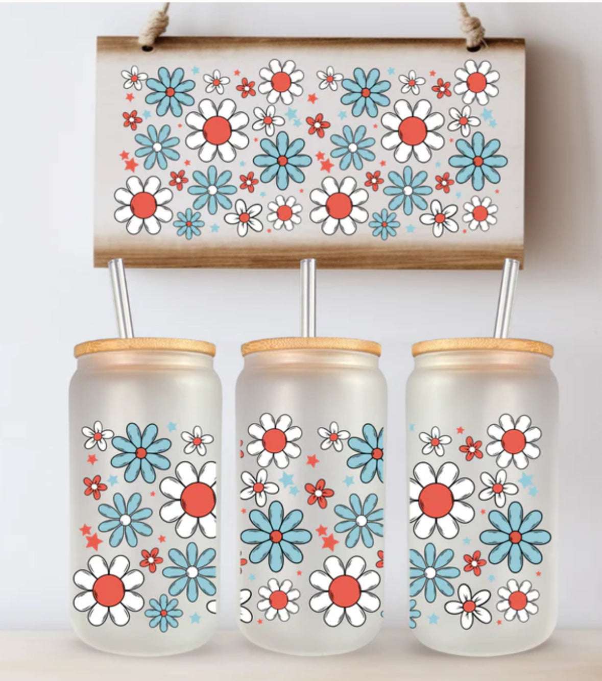 16 oz Can Glass with Red, White & Blue Daisies | Bamboo Lid & Straw Tumblers, Mugs & Glasses Beer Glass 16 Daisy Designs & Creations LLC