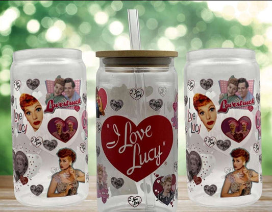 16 oz I Love Lucy Can Glass with Bamboo Lid & Straw Libbey/Beer Glass Lids Beer Glass 16 Daisy Designs & Creations LLC