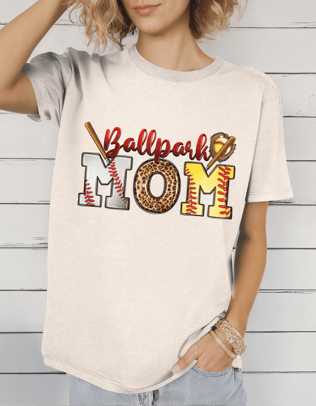 Ball Park Mom Leopard T-Shirt | Baseball & Softball Mom Shirt | Sports Fan Tee | Game Day Outfit - Daisy Designs & Creations, LLC