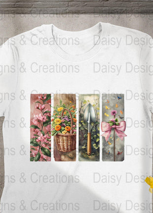 Floral Garden T-Shirts Design, Flower Basket T Shirt, Shovel Art TShirt, Butterfly Bow Tee, Gardening Apparel, PNG Digital Download - Daisy Designs & Creations, LLC