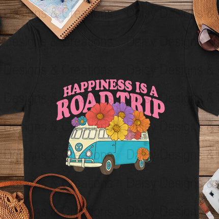Road Trip T-Shirts, Happiness is a Road Trip Design, VW Bus, Floral Van, Colorful T-Shirts, Summer Trip, Vacation Mode - Daisy Designs & Creations, LLC