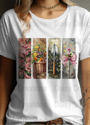 Floral Garden T-Shirts Design, Flower Basket T Shirt, Shovel Art TShirt, Butterfly Bow Tee, Gardening Apparel, PNG Digital Download - Daisy Designs & Creations, LLC