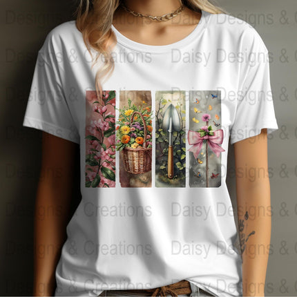 Floral Garden T-Shirts Design, Flower Basket T Shirt, Shovel Art TShirt, Butterfly Bow Tee, Gardening Apparel, PNG Digital Download - Daisy Designs & Creations, LLC