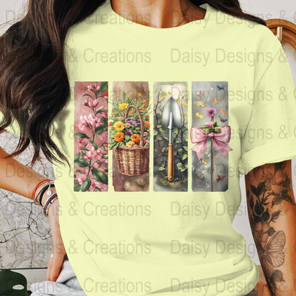 Floral Garden T-Shirts Design, Flower Basket T Shirt, Shovel Art T-Shirt, Butterfly Bow Tee, Gardening Apparel, PNG Digital Download - Daisy Designs & Creations, LLC