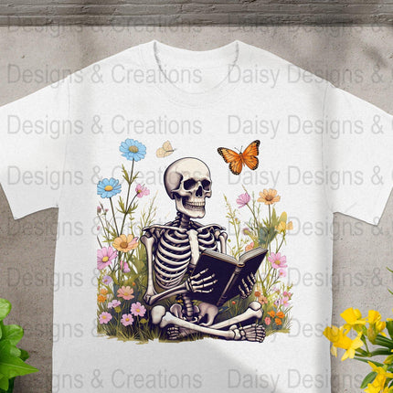Skeleton Reading T-Shirts, Floral T-Shirts Design, Butterfly T-Shirts, Funny T-Shirts, PNG Download, Digital File For Shirts, DIY Apparel - Daisy Designs & Creations, LLC