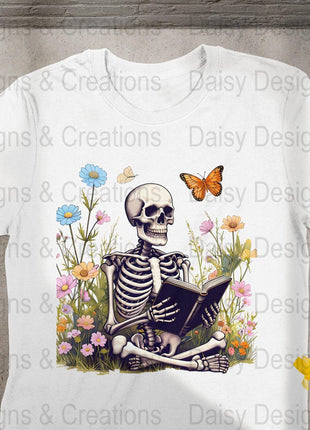 Skeleton Reading T-Shirts, Floral T-Shirts Design, Butterfly T-Shirts, Funny T-Shirts, PNG Download, Digital File For Shirts, DIY Apparel - Daisy Designs & Creations, LLC