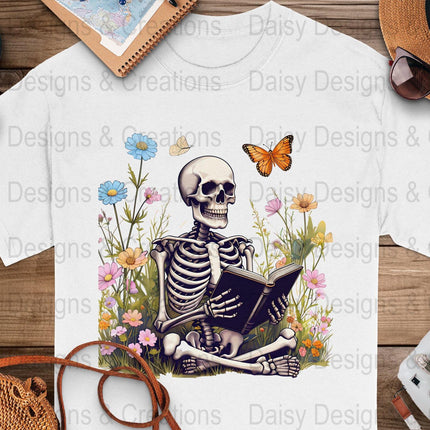 Skeleton Reading T-Shirts, Floral T-Shirts Design, Butterfly T-Shirts, Funny T-Shirts, PNG Download, Digital File For Shirts, DIY Apparel - Daisy Designs & Creations, LLC