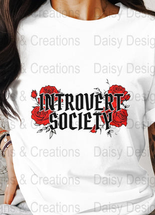 Introvert Society T-Shirts, Floral Tee, Introvert Gift, Red Roses Design, Funny Sarcastic Tee, Social Anxiety T-Shirts, Slogan Tee - Daisy Designs & Creations, LLC