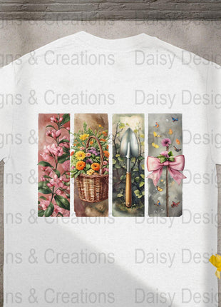 Floral Garden T-Shirts Design, Flower Basket T Shirt, Shovel Art TShirt, Butterfly Bow Tee, Gardening Apparel, PNG Digital Download - Daisy Designs & Creations, LLC