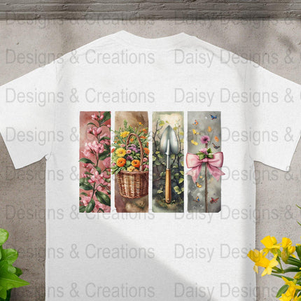 Floral Garden T-Shirts Design, Flower Basket T Shirt, Shovel Art TShirt, Butterfly Bow Tee, Gardening Apparel, PNG Digital Download - Daisy Designs & Creations, LLC