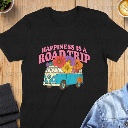 Road Trip T-Shirts, Happiness is a Road Trip Design, VW Bus, Floral Van, Colorful T-Shirts, Summer Trip, Vacation Mode - Daisy Designs & Creations, LLC