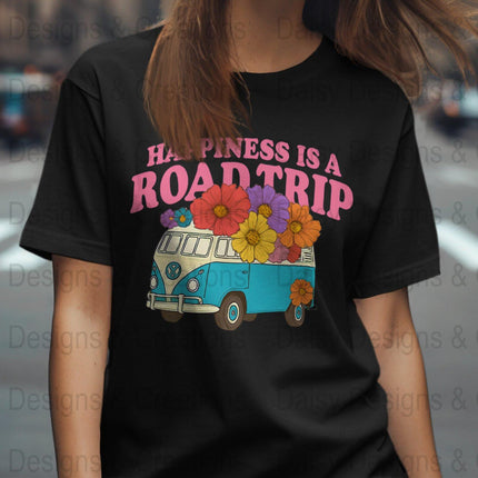 Road Trip T-Shirts, Happiness is a Road Trip Design, VW Bus, Floral Van, Colorful T-Shirts, Summer Trip, Vacation Mode - Daisy Designs & Creations, LLC