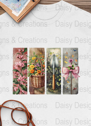 Floral Garden T-Shirts Design, Flower Basket T Shirt, Shovel Art TShirt, Butterfly Bow Tee, Gardening Apparel, PNG Digital Download - Daisy Designs & Creations, LLC