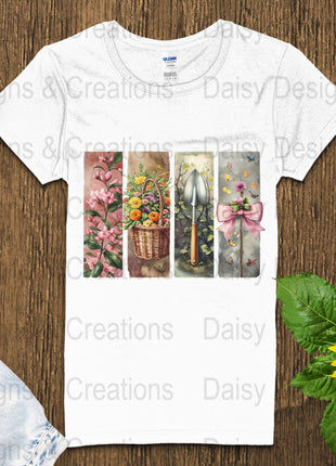 Floral Garden T-Shirts Design, Flower Basket T Shirt, Shovel Art T-Shirt, Butterfly Bow Tee, Gardening Apparel, PNG Digital Download - Daisy Designs & Creations, LLC