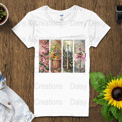 Floral Garden T-Shirts Design, Flower Basket T Shirt, Shovel Art T-Shirt, Butterfly Bow Tee, Gardening Apparel, PNG Digital Download - Daisy Designs & Creations, LLC