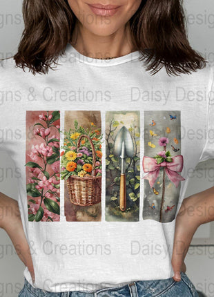 Floral Garden T-Shirts Design, Flower Basket T Shirt, Shovel Art TShirt, Butterfly Bow Tee, Gardening Apparel, PNG Digital Download - Daisy Designs & Creations, LLC