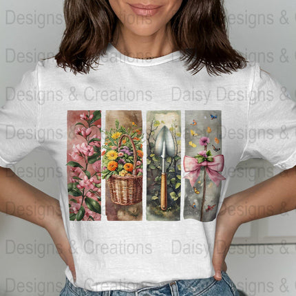 Floral Garden T-Shirts Design, Flower Basket T Shirt, Shovel Art TShirt, Butterfly Bow Tee, Gardening Apparel, PNG Digital Download - Daisy Designs & Creations, LLC