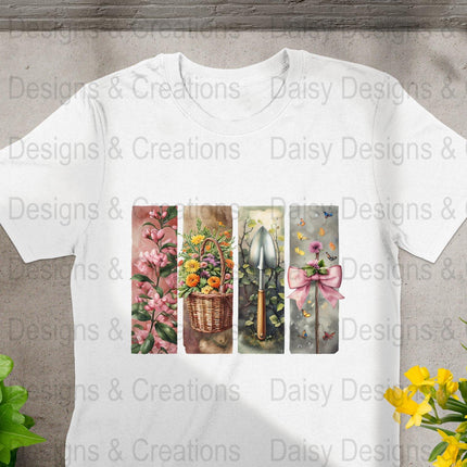Floral Garden T-Shirts Design, Flower Basket T Shirt, Shovel Art T-Shirt, Butterfly Bow Tee, Gardening Apparel, PNG Digital Download - Daisy Designs & Creations, LLC