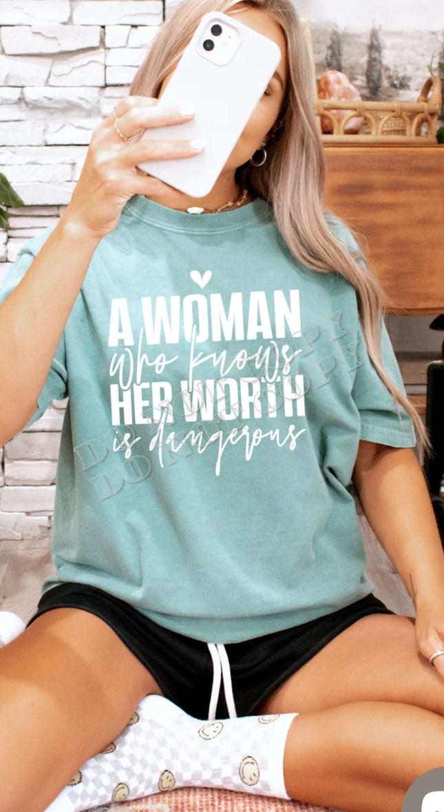 A Woman Who Knows Her Worth Is Dangerous T-Shirt – Empowering Graphic Tee | Bold Statement Shirt | Unisex Sizes S - 3XL - Daisy Designs & Creations, LLC