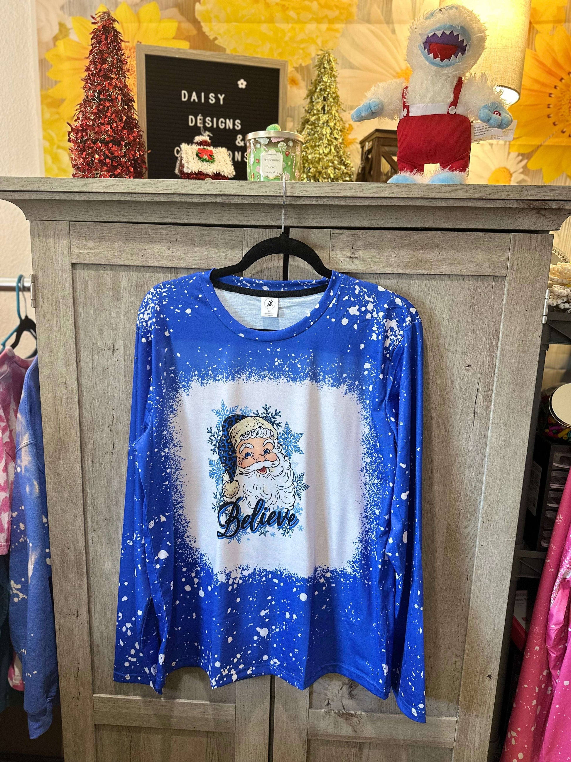 Believe in Blue: New Faux Bleach Long Sleeve Tee with Vibrant Santa Sublimation Design! 🔵👕 Christmas Collection Sublimation T-Shirt 37 Daisy Designs & Creations LLC