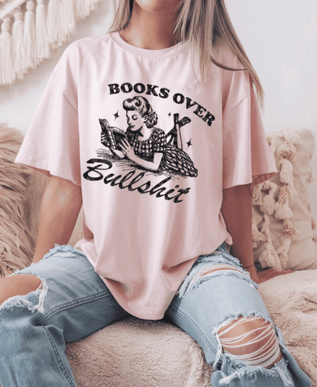 Books Over Bullsh*t’ Vintage Reading T-Shirt – Retro 1950s Style - Daisy Designs & Creations, LLC