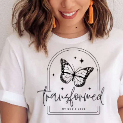 Butterfly Transformation T-Shirt – “Transformed by God’s Love” Faith Tee | Christian Inspirational Shirt | Custom Color | Unisex Sizes S - 2XL - Daisy Designs & Creations, LLC