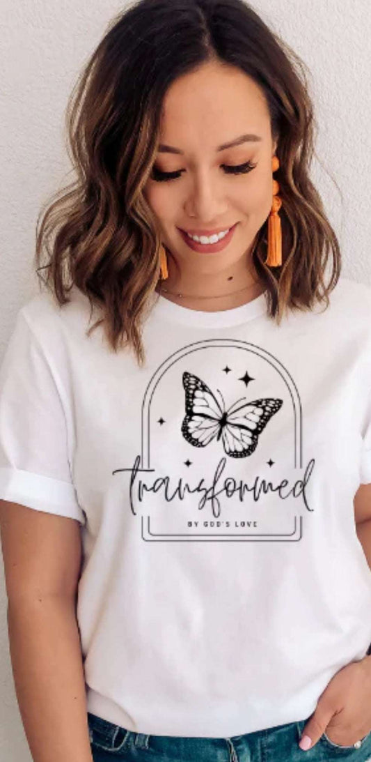 Butterfly Transformation Tee - Transformed by God's Love T-Shirt for Inspirational Style Dress Your Story: Explore our Diverse T-shirt Collection - Humor, Inspiration, Professions, Retro, Boho, and Country Advocacy in Vibrant Colors, Sizes, and Styles T-Shirt 21 Daisy Designs & Creations LLC