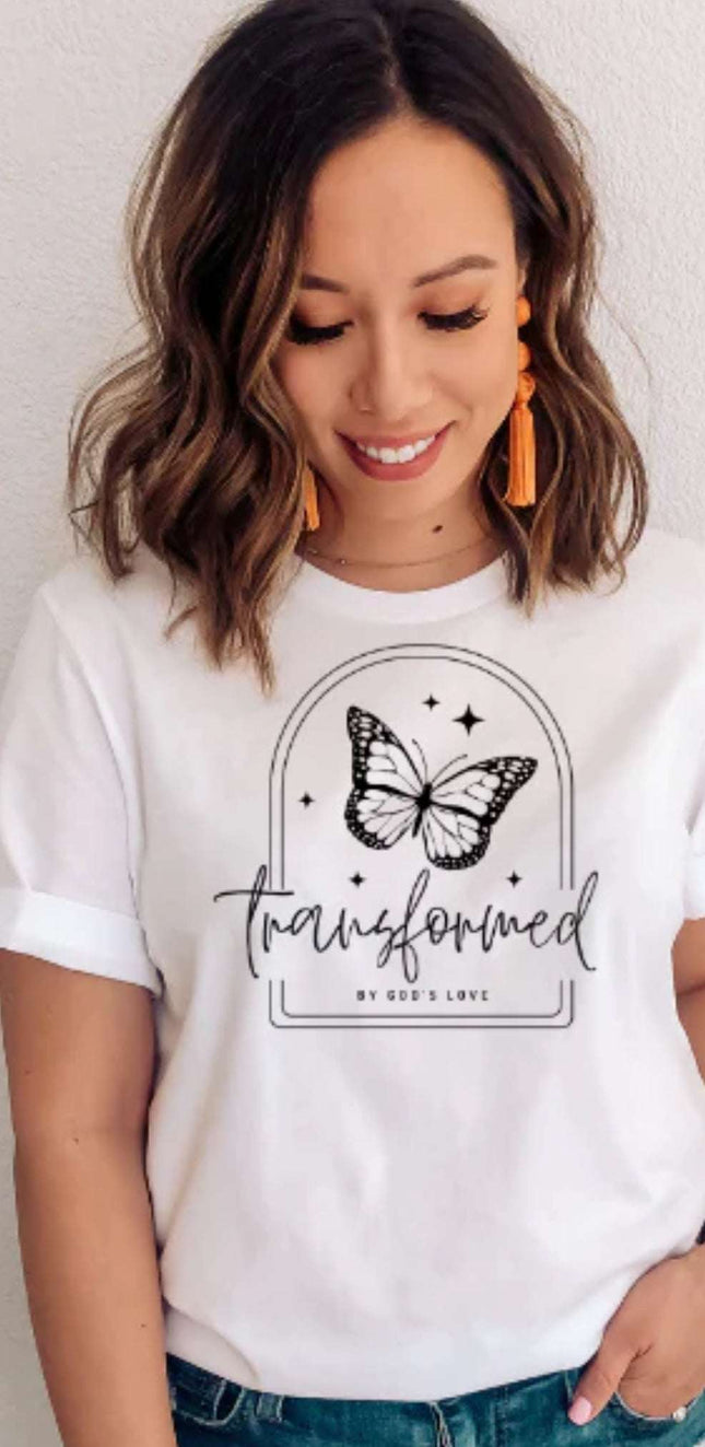 Butterfly Transformation T-Shirt – “Transformed by God’s Love” Faith Tee | Christian Inspirational Shirt | Custom Color | Unisex Sizes S - 2XL - Daisy Designs & Creations, LLC