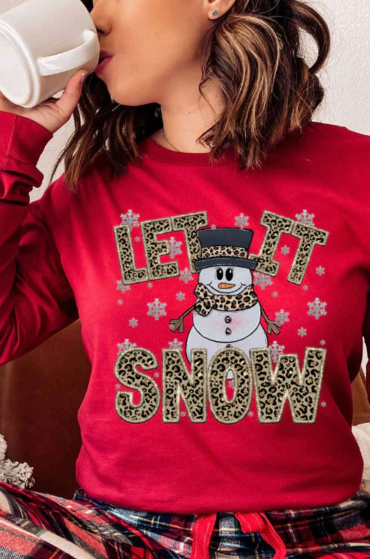 Charm of Winter: 'Let It Snow' Snowman in Leopard Print Scarf Long Sleeve Tee - Cozy Elegance for the Season! ❄️🧣 Christmas Collection T-Shirt 35 Daisy Designs & Creations LLC