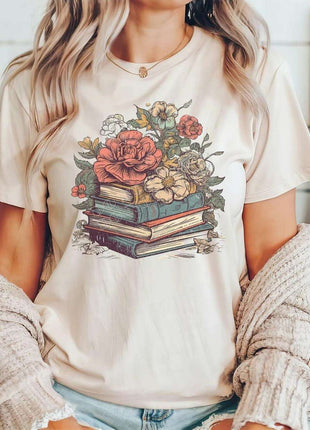 Vintage Floral Stacked Books Tee – Literary Charm & Comfort - Daisy Designs & Creations, LLC