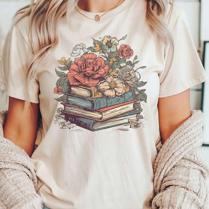 Vintage Floral Stacked Books Tee – Literary Charm & Comfort - Daisy Designs & Creations, LLC