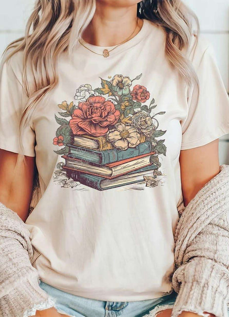 Vintage Floral Stacked Books Tee – Literary Charm & Comfort - Daisy Designs & Creations, LLC
