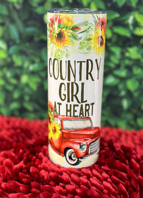 Country Girl at Heart 20oz Stainless Steel Tumbler – Rustic Red Truck & Sunflower Design | Hot or Cold Drink Cup - Daisy Designs & Creations, LLC